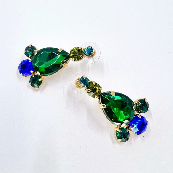 Jewelry - Green & Blue Tear Drop Rhinestone Costume Post Earrings